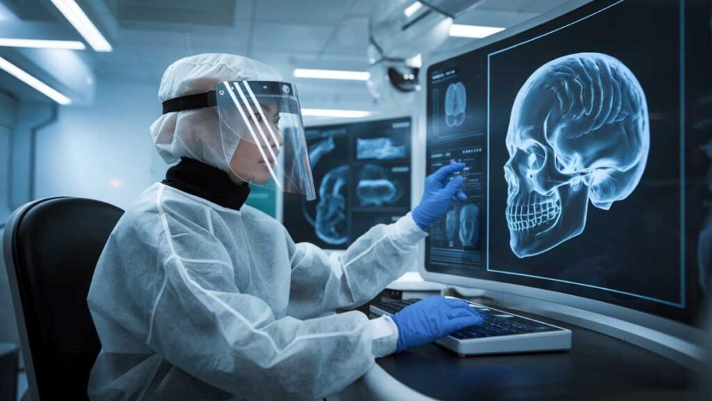 A scientist in protective gear works at a high-tech lab station with a holographic 3D model of a human skull displayed on a screen, suggesting advanced medical research.