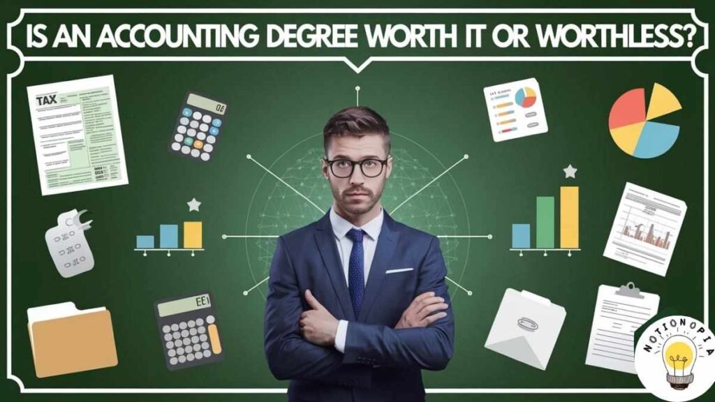 Illustration of an accountant surrounded by tax forms, charts, and calculators with the title "Is an Accounting Degree Worth It or Worthless?"