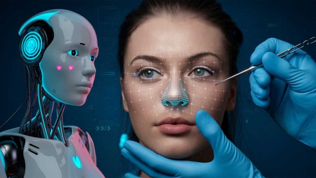 Futuristic image of a woman's face with a digital grid, robotic-assisted surgery on her glowing nose, and a robot in the background.