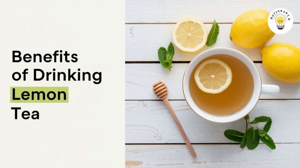 "Glass of lemon tea with lemon slices, mint leaves, and a honey dipper on a wooden surface. The text reads 'Benefits of Drinking Lemon Tea,' with a 'notionopia.com' logo in the corner."