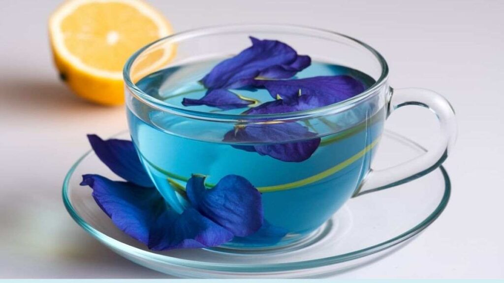 a cup of blue tea with blue flowers and lemon slices