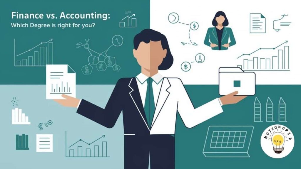 finance or accounting Illustration comparing finance and accounting degrees, with a suited man holding a chart for finance and a woman holding a folder for accounting, against a green background with financial icons.