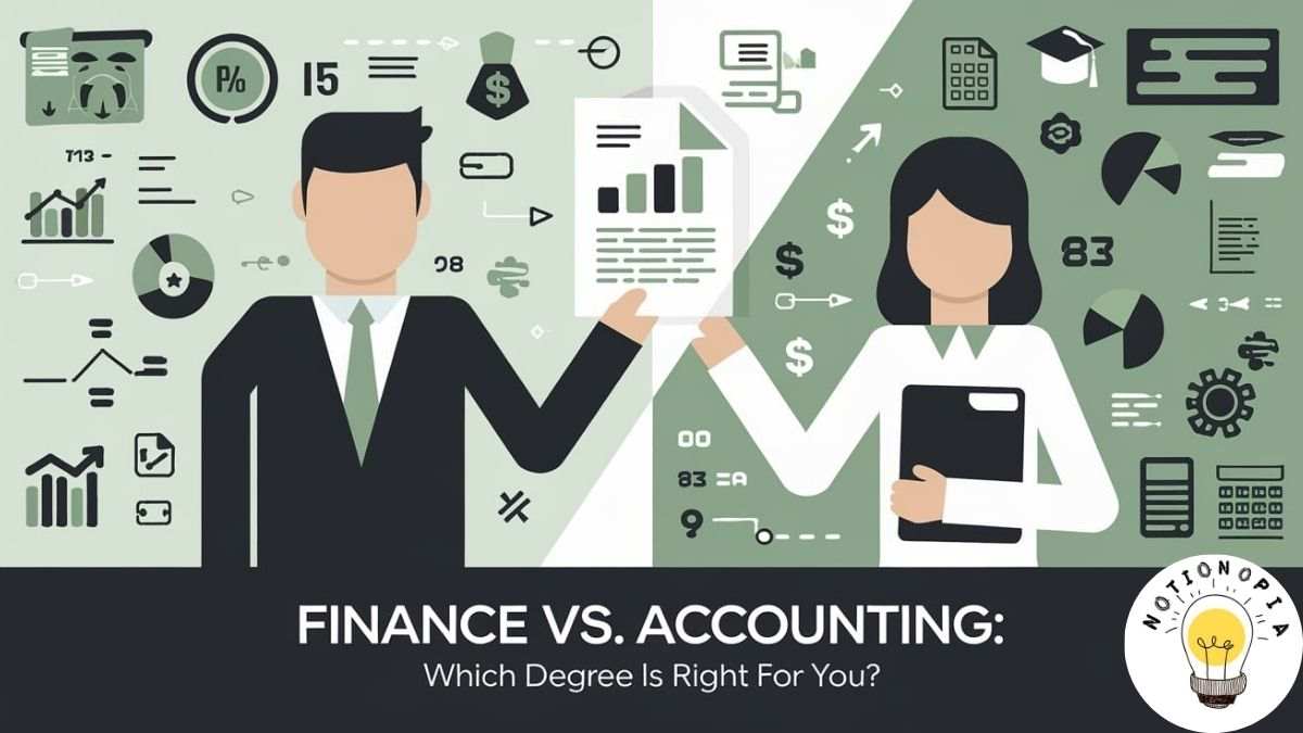 Illustration comparing finance and accounting degrees, with a suited man holding a chart for finance and a woman holding a folder for accounting, against a green background with financial icons.