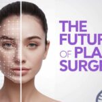 A woman's face with a digital grid overlay on one side, next to bold text reading 'The Future of Plastic Surgery' with a DNA helix in the background.