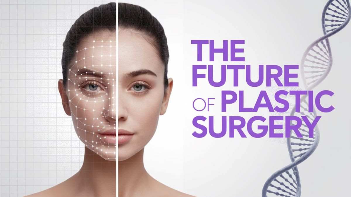 A woman's face with a digital grid overlay on one side, next to bold text reading 'The Future of Plastic Surgery' with a DNA helix in the background.