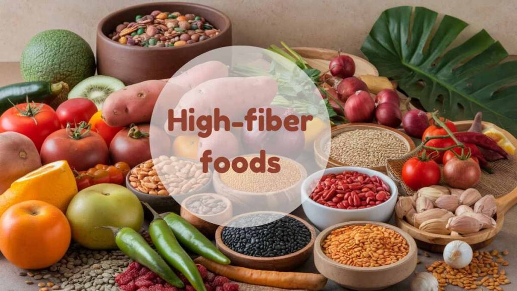 The image shows a variety of high-fiber foods, including fruits, vegetables, beans, and grains, with the label "High-fiber foods" in the center.