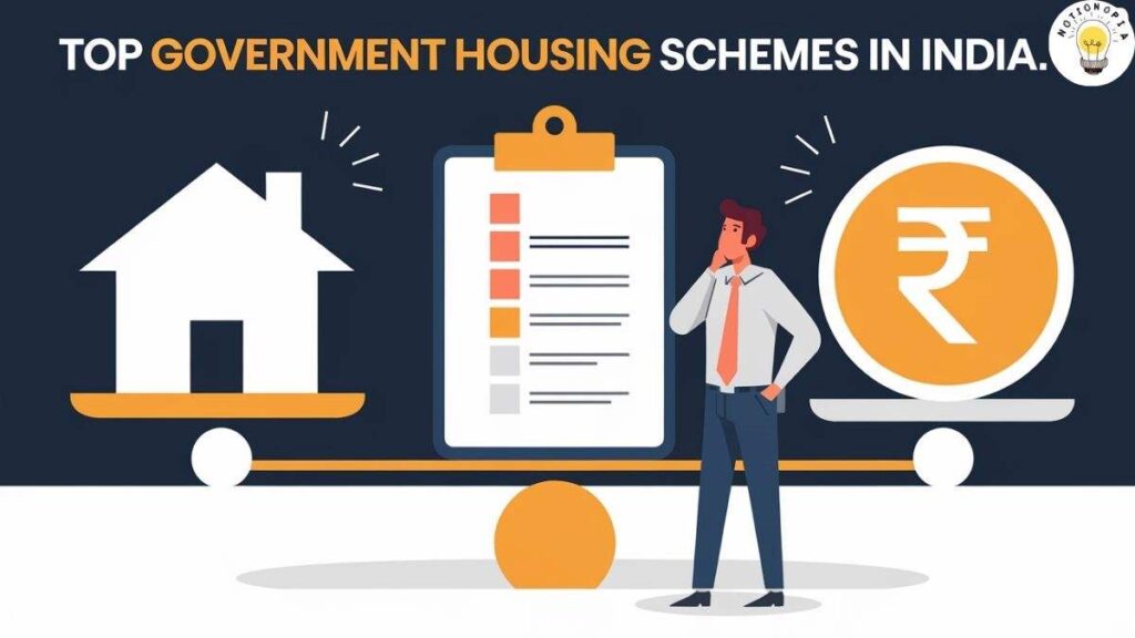 buy a house "Illustration of a man beside a clipboard, with a house and rupee coin on a scale, representing top government housing schemes in India."