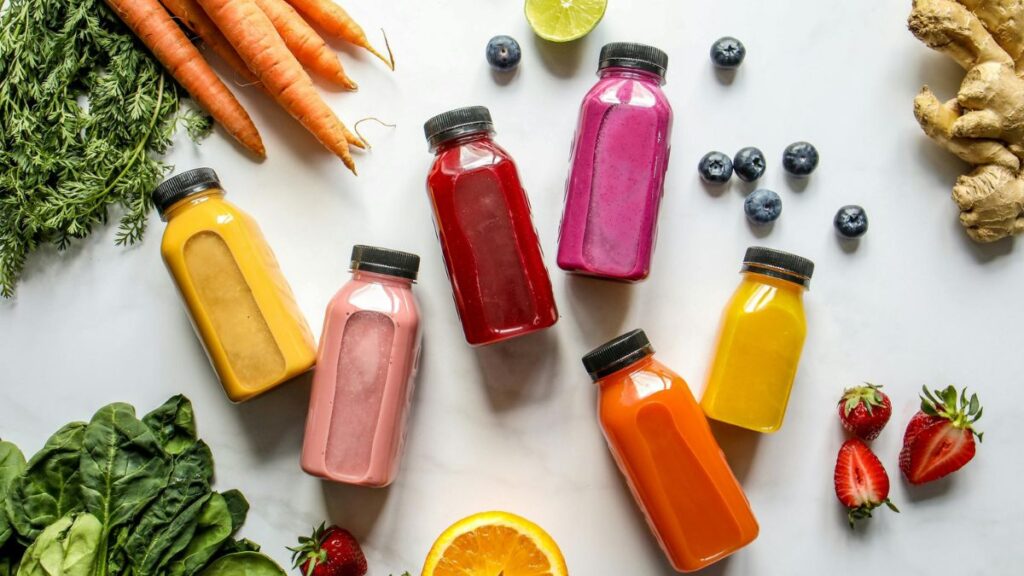 Colorful bottled juices with fresh fruits and vegetables on a white background.